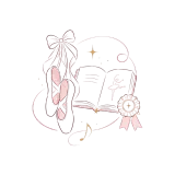 Pink ballet slippers with an open book, ribbon, music notes, and a rosette on a white background