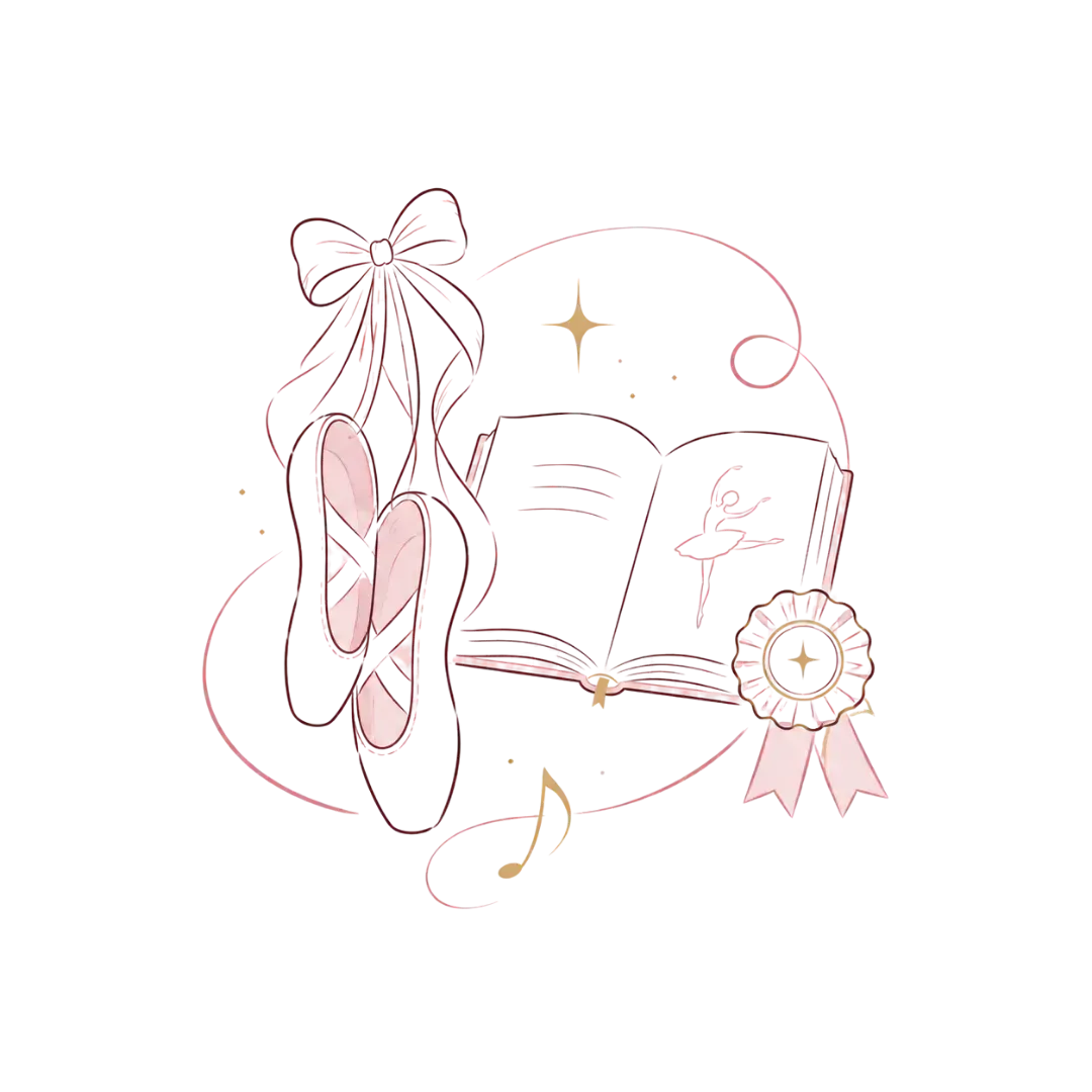 Pink ballet slippers with an open book, ribbon, music notes, and a rosette on a white background