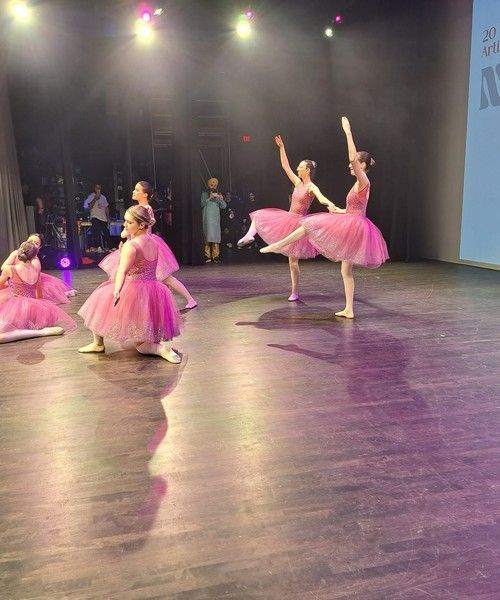 Pink ballerinas performing onstage under spotlights, with two dancers posing center stage.