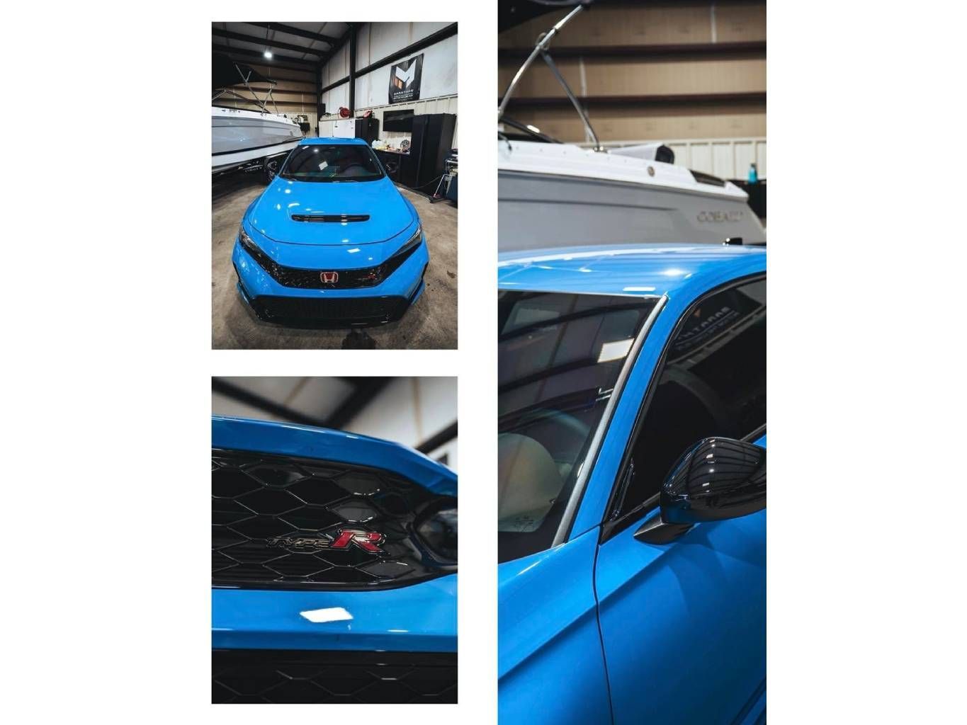 Blue sports sedan in a garage, shown in three close-up views of the front, rear, and side.