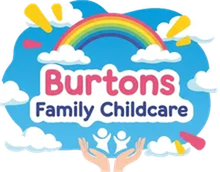 Burtons Family Childcare logo with rainbow, clouds, and hands reaching up in blue and pink