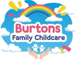 Burtons Family Childcare logo with rainbow, clouds, blue sky, and raised hands