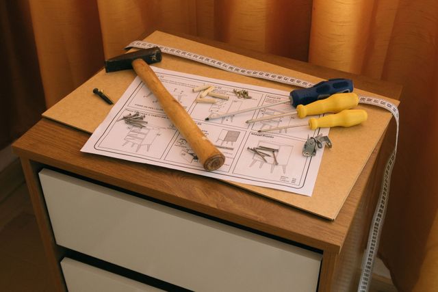 Tools on a workbench: two hammers, a ruler, a pencil, and gloves over a drawing.