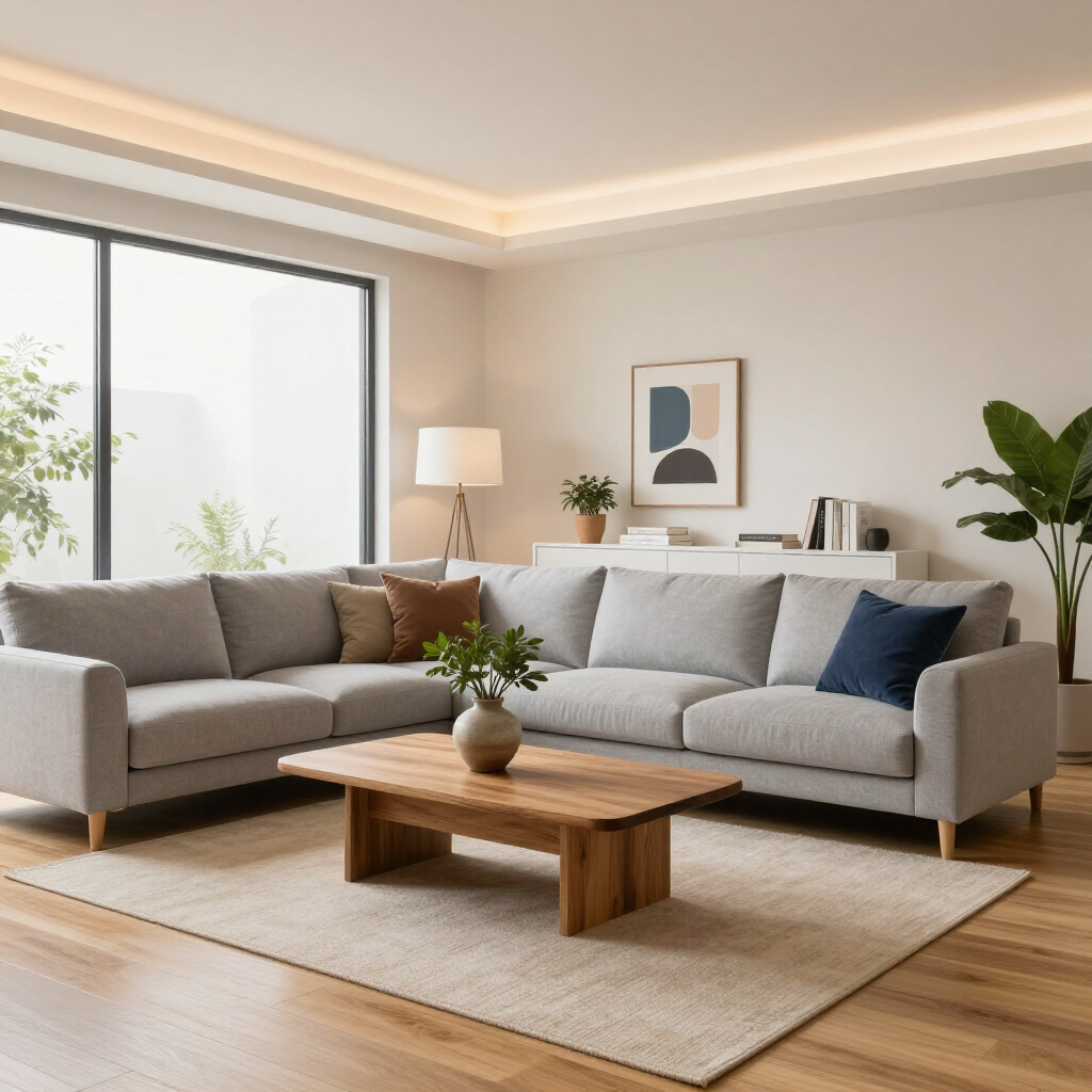 Modern living room with gray sectional sofa, wooden coffee table, floor lamp, and large window