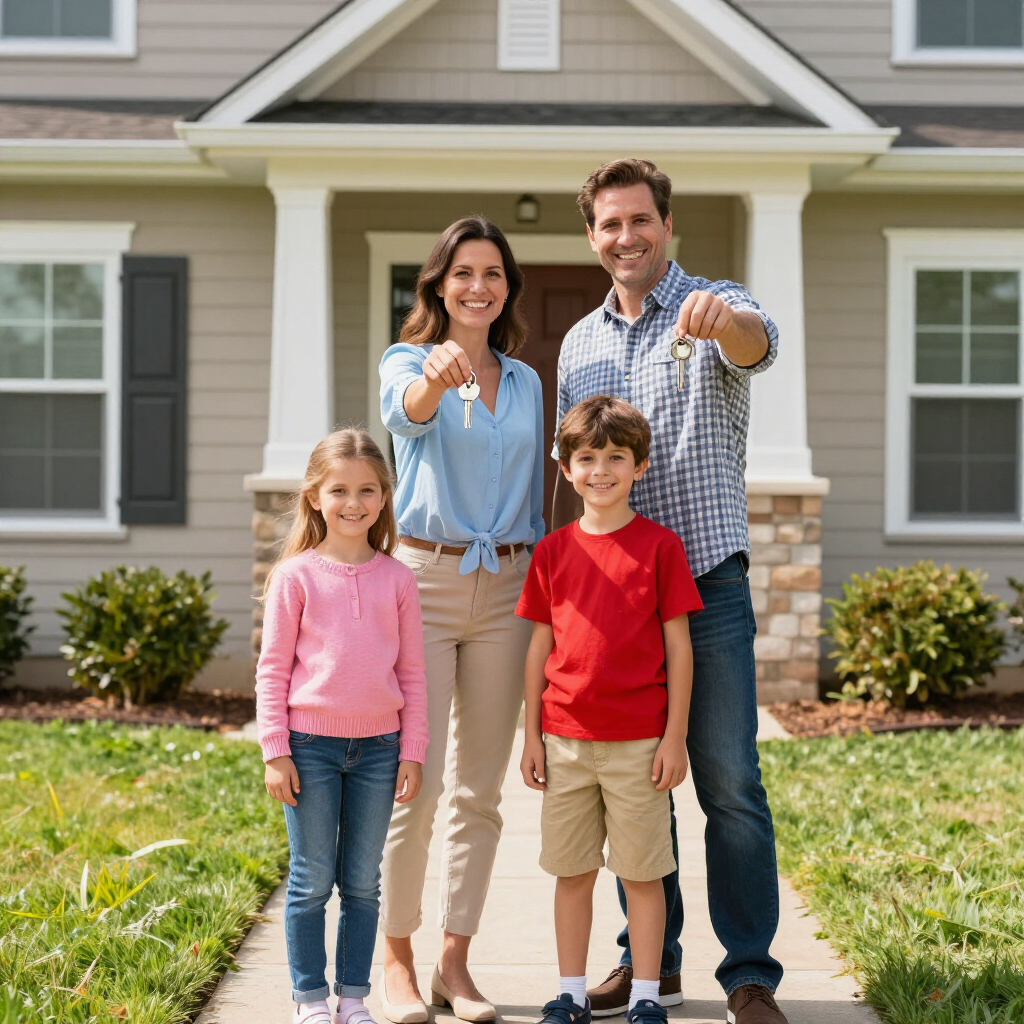 Family of four standing in front of a house, smiling and pointing toward the camera.