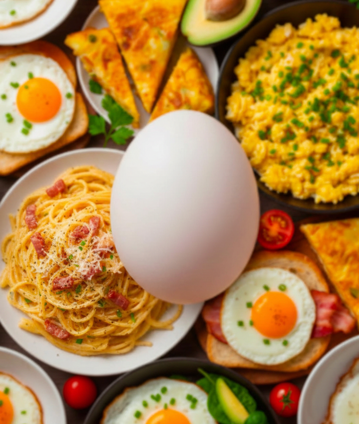 Ripresa dall'alto di vari piatti a base di uova con un grande uovo bianco al centro. Include uova fritte, pasta e avocado.