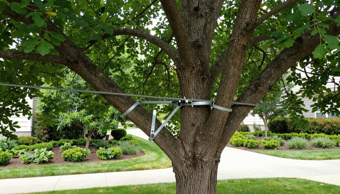 A cable slackline attached to the trunk and branches of a tree in a residential yard.
