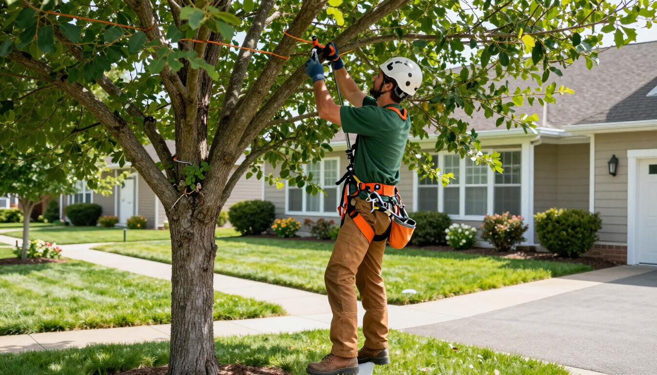 An arborist wearing safety gear and a white helmet secures a rope while working in a tree in front of suburban houses.