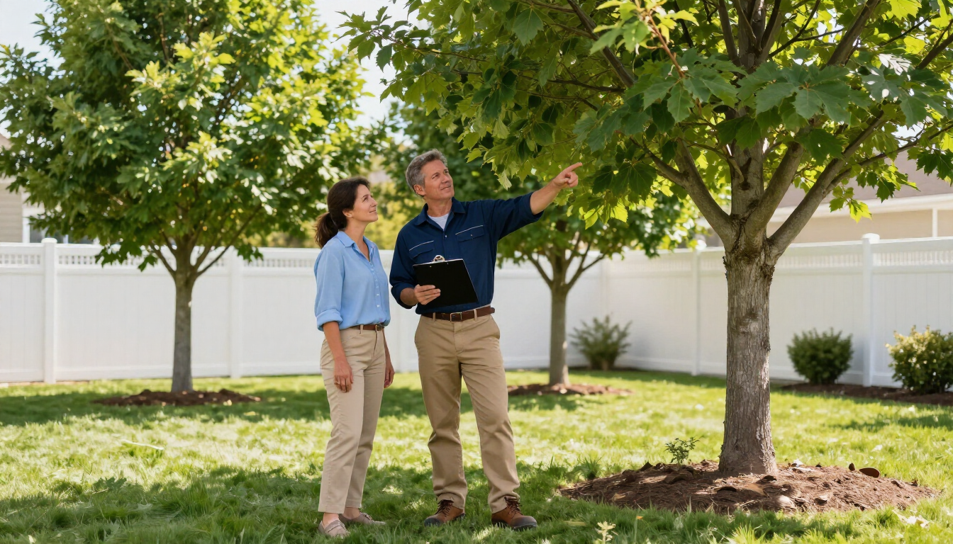 A person points at tree branches while standing with another person holding a clipboard in a sunny, fenced backyard.