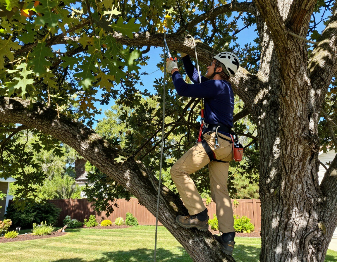 An arborist wearing a climbing helmet and safety harness stands on a thick tree limb, securing a rope to a branch.