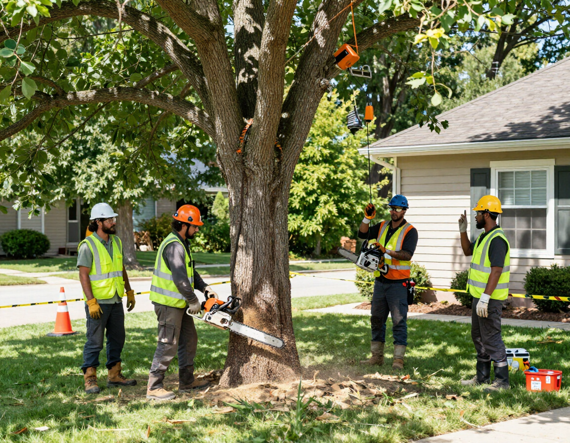 Four workers in safety vests and helmets stand around a large tree, with one using a chainsaw to cut into the trunk.