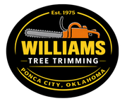 Williams Tree Service Ponca City, OK Logo for Williams Tree Trimming featuring an orange chainsaw above the company name in bold yellow text on black.