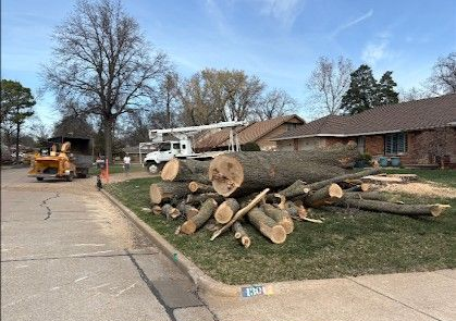 A pile of freshly cut tree logs sits on a residential lawn next to a wood chipper and a parked bucket truck.