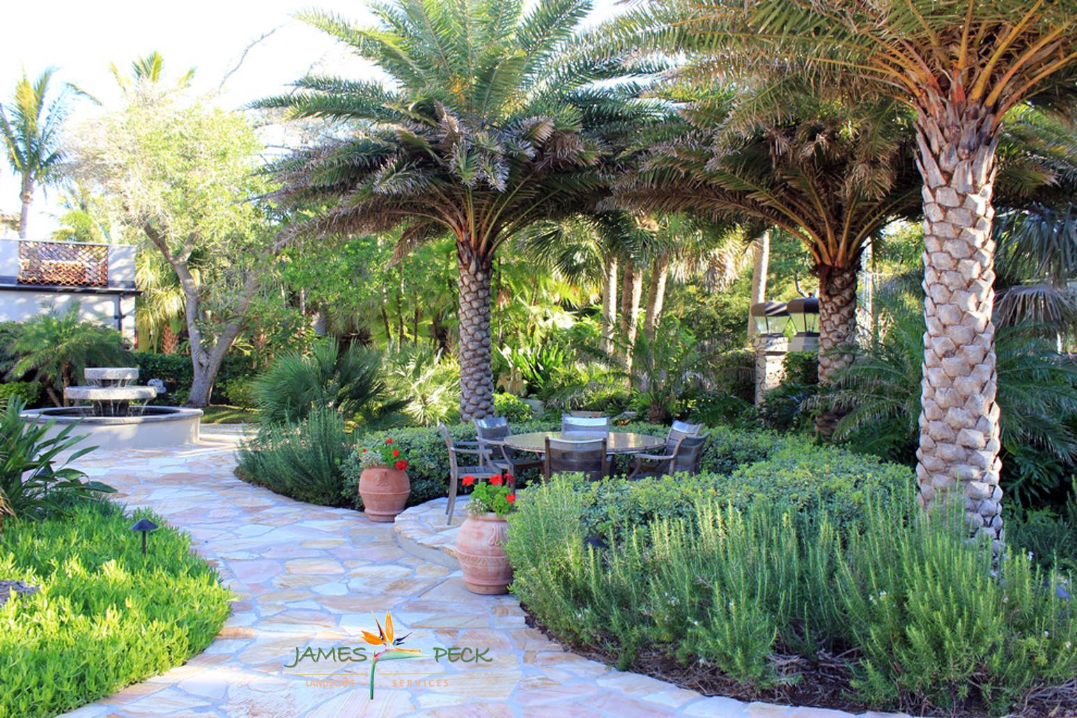 Stone pathway leads to an outdoor dining area surrounded by lush greenery and palm trees.