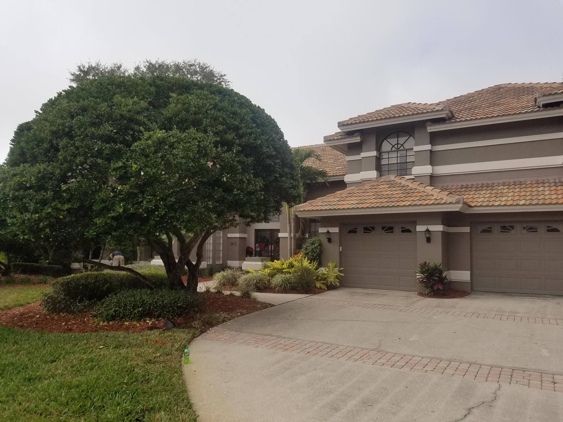 A house with a brown tile roof, light brown siding, and a driveway. A large green tree is on the left.