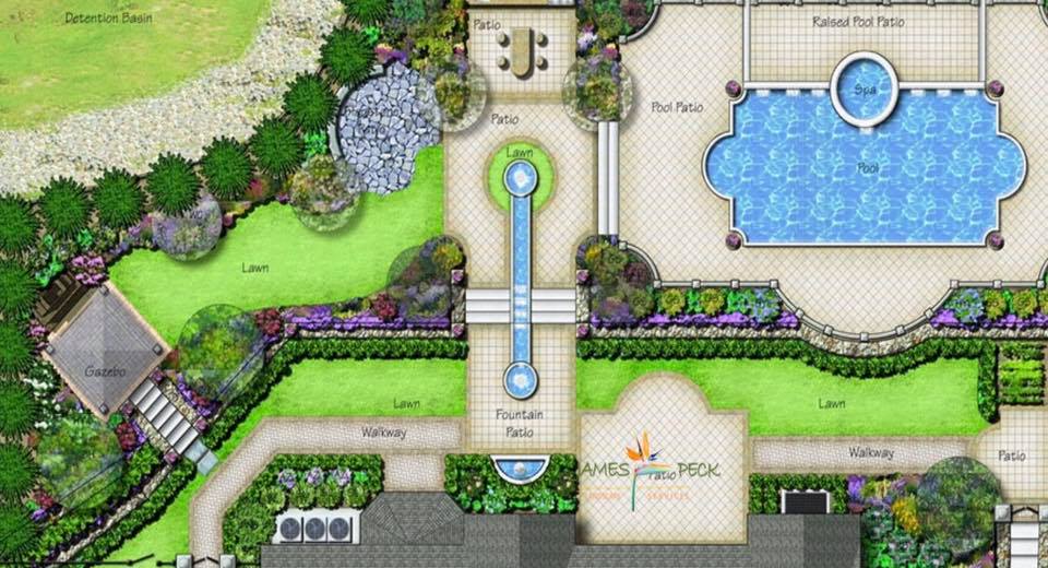 Detailed landscape design with pool, fountain, garden beds, and manicured lawns.