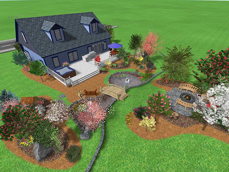 Landscaped backyard with house, deck, pond, bridge, and diverse plants.