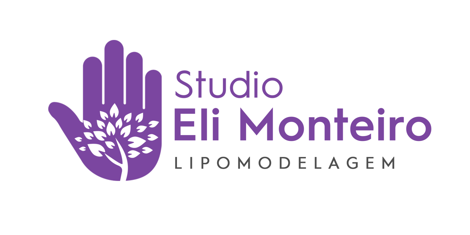 O logotipo do estúdio eli monteiro lipomodelagem tem uma mão roxa com uma árvore ao fundo.
