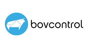 Um logotipo para bovcontrol com a imagem de uma vaca em um círculo azul.