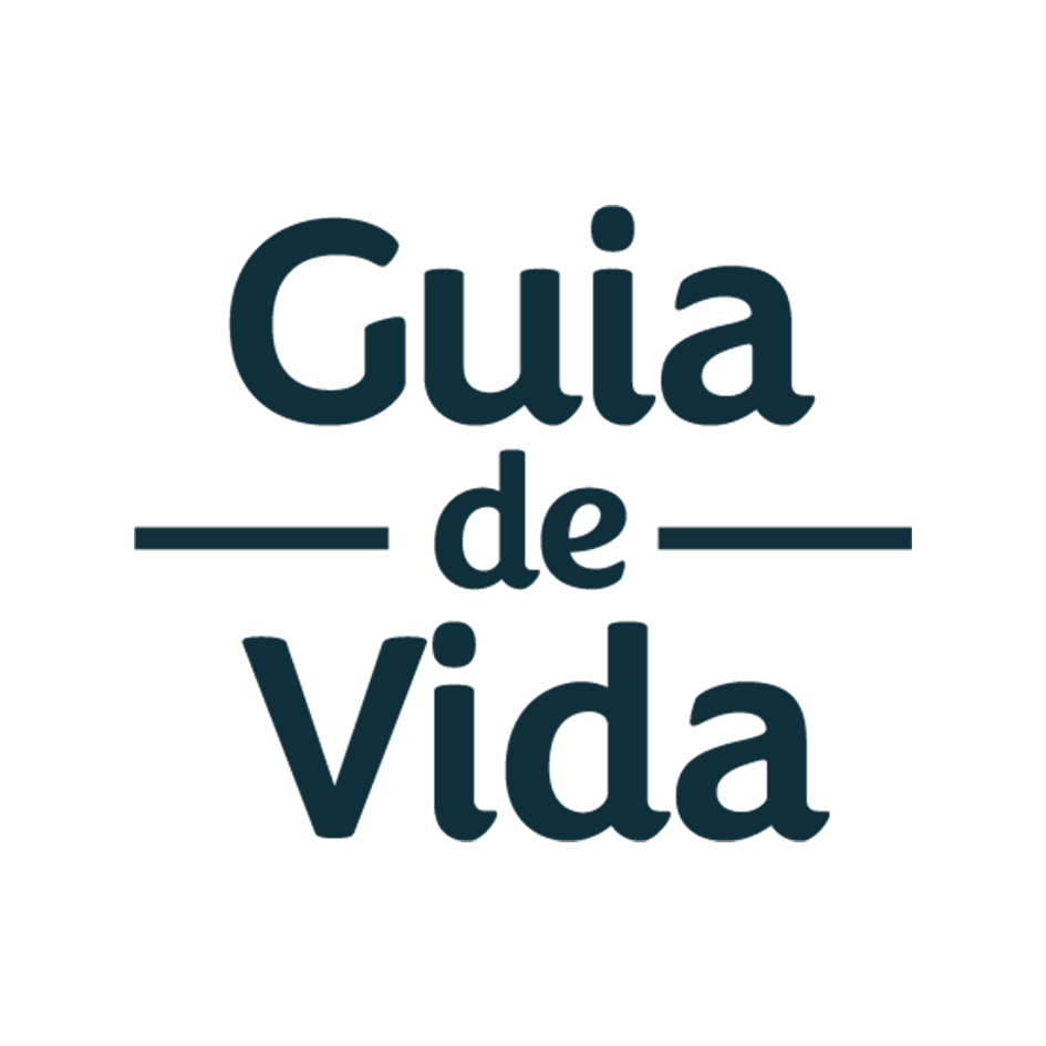 O logotipo do guia de vida é preto e branco sobre fundo branco.