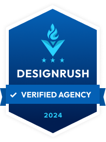 Produtora TAG12 no DesignRush 2024 Um emblema azul que diz agência verificada designrush 2024