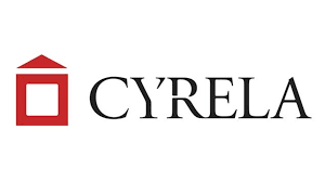 Logotipo da cyrela com quadrado vermelho e triângulo sobre fundo branco.