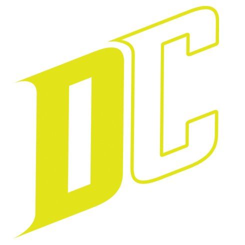 Um logotipo dc amarelo e branco em um fundo branco