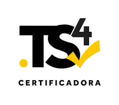 O logotipo da certificadora ts4 é preto e amarelo com uma marca de seleção amarela.