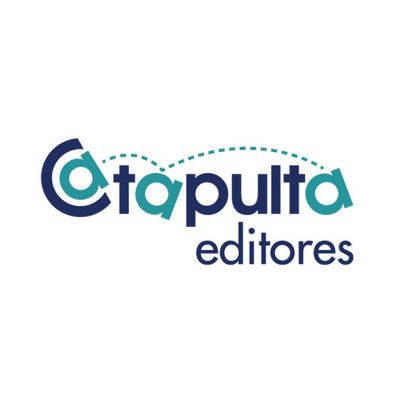 Logotipo da editora Catapulta Editores; texto em verde-azulado e azul-escuro,