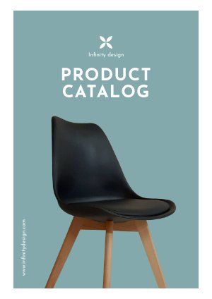 Uma cadeira preta com pernas de madeira está na capa de um catálogo de produtos.