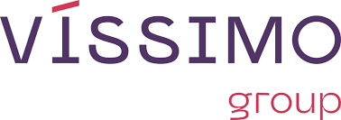 O logotipo do grupo vissimo é roxo e vermelho sobre fundo branco.