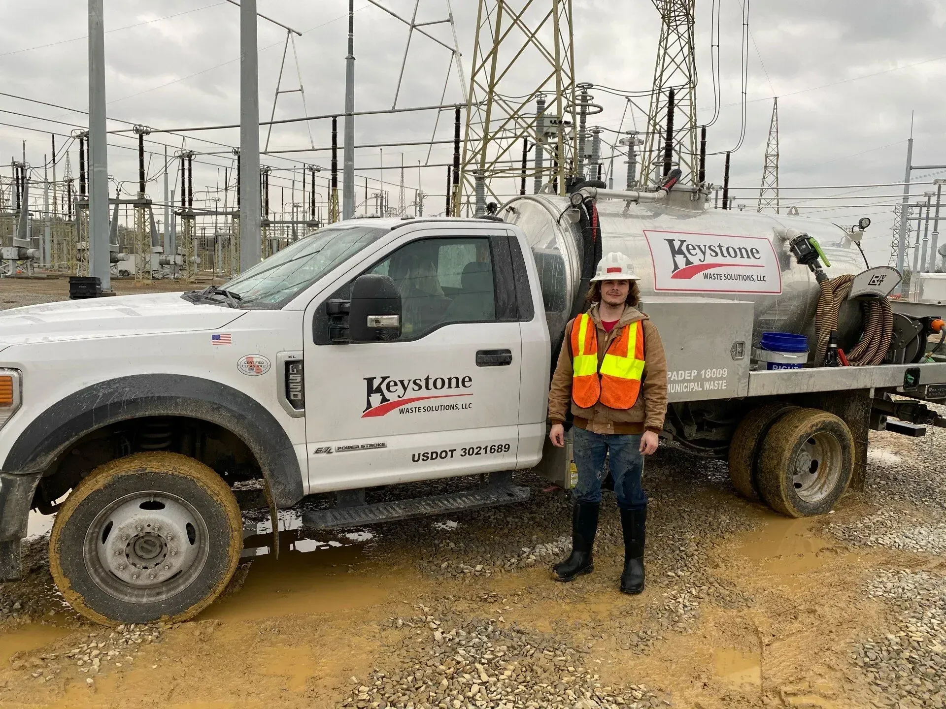 A man in a hard hat is standing next to a truck.