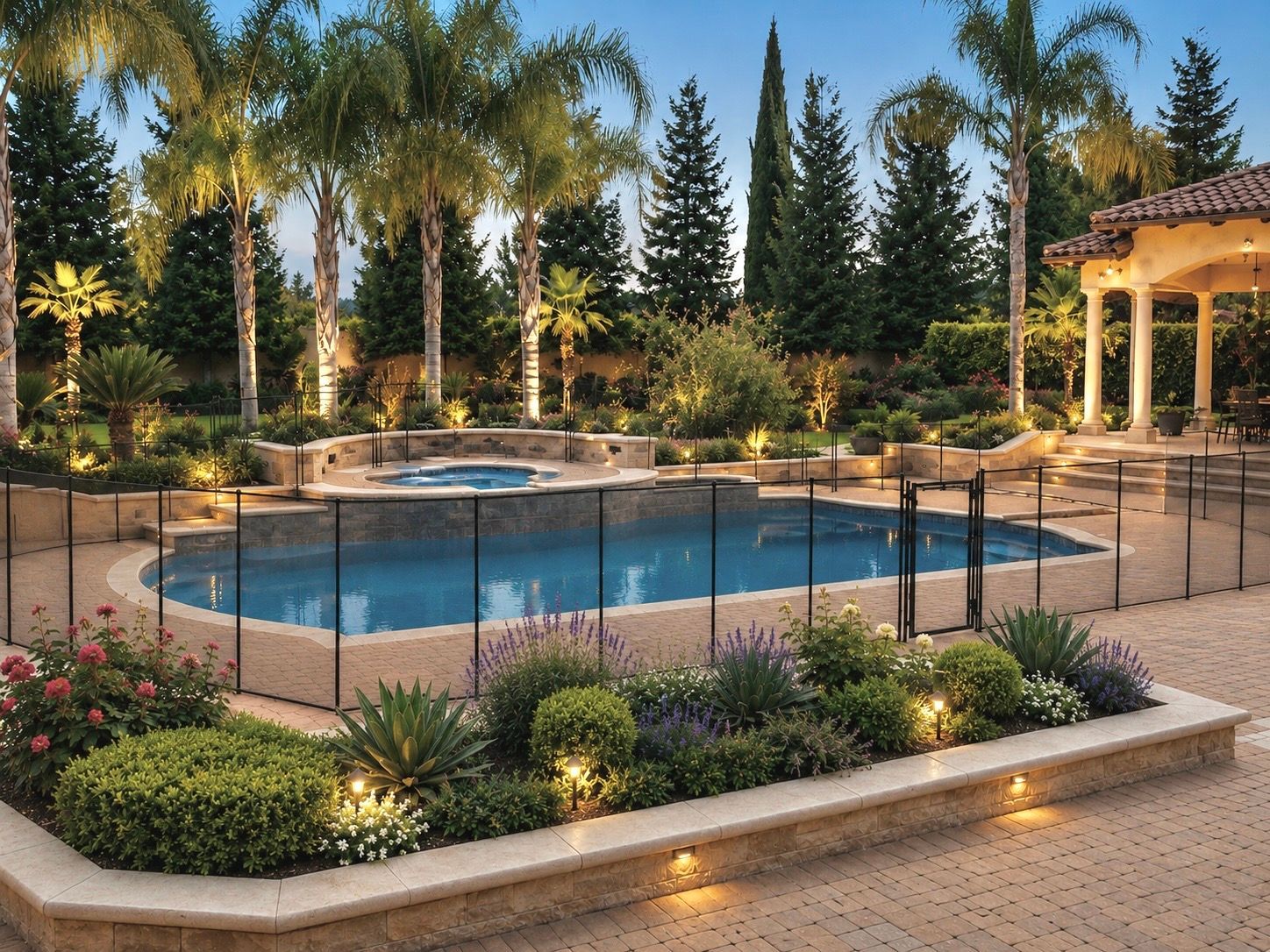 Image of a backyard in California with a pool, pergola, and a mesh pool fence around them.