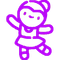 Purple doodle of a smiling girl in a dress, arms raised, and one leg lifted.