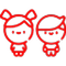 Two stylized red cartoon figures: a girl with bows and a boy, side-by-side, smiling.