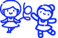 Two blue cartoon figures of girls dancing with a ribbon.