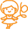Orange cartoon girl holding a looping rope, smiling, wearing a dress.