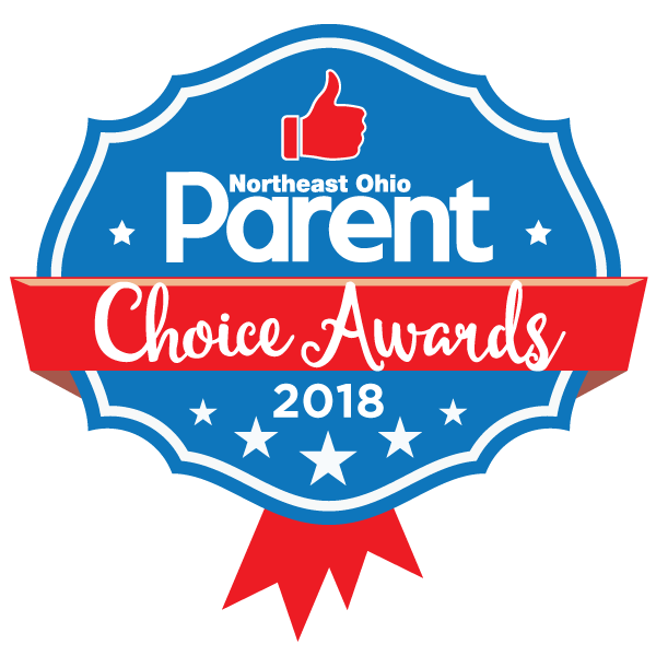 Northeast Ohio Parent Choice Award 2018 badge: blue and red, thumbs up, stars, ribbon.
