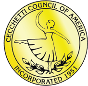 Gold seal of the Cecchetti Council of America, with a ballerina, laurel branches, and text 