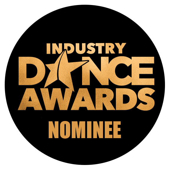 Black circle with gold text: Industry Dance Awards Nominee, featuring a star in the 