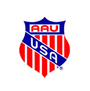AAU USA logo: shield with red stripes, blue band with 