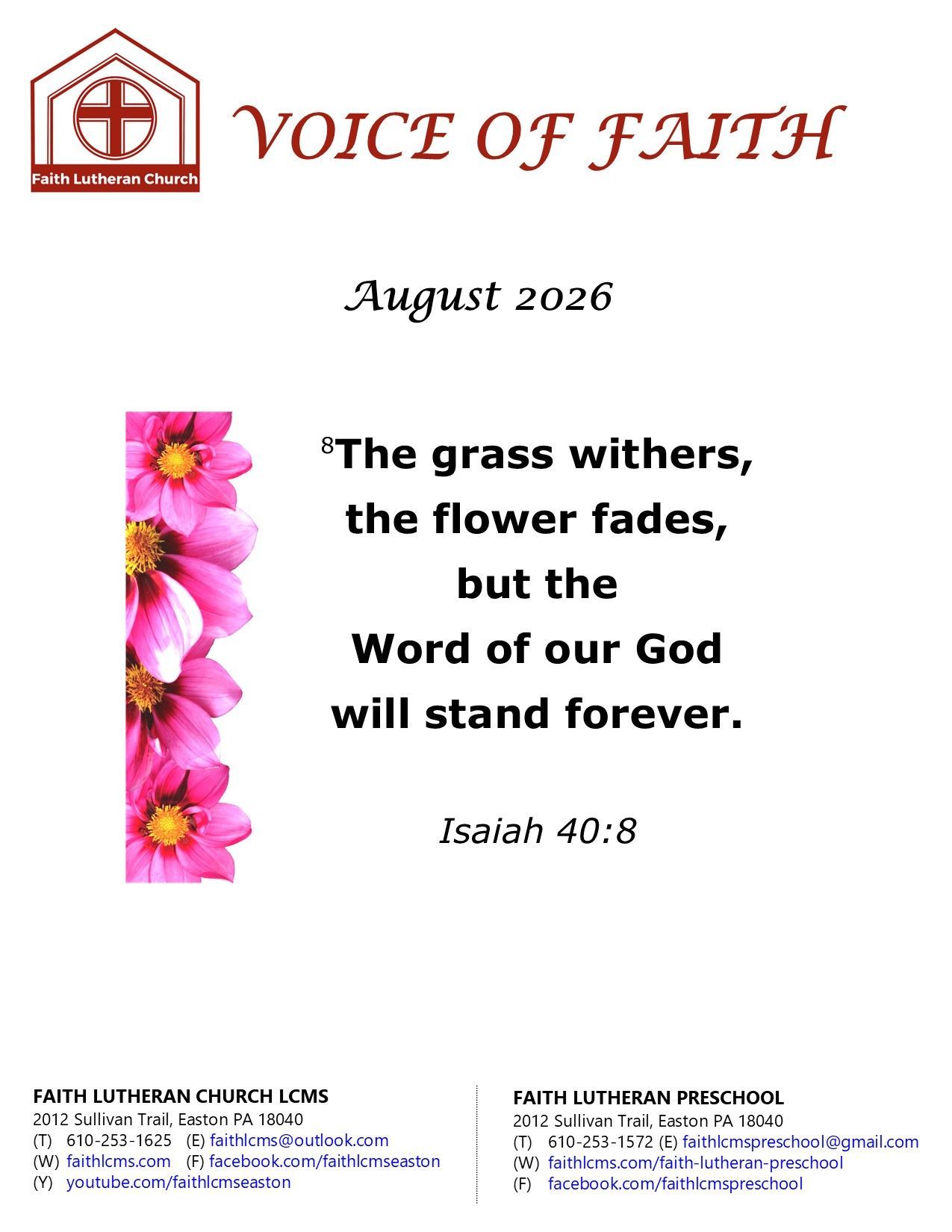 Voice of Faith newsletter from Faith Lutheran Church Cover Page