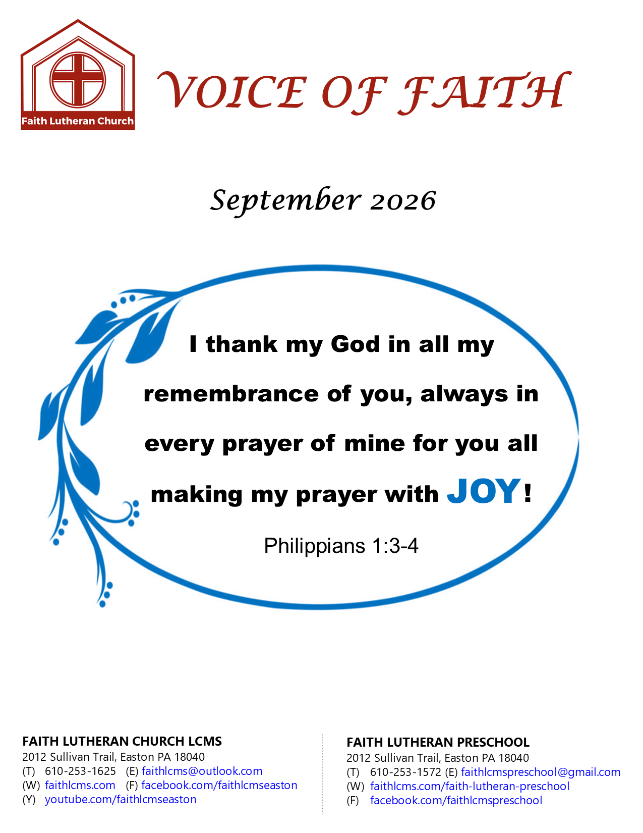 Voice of Faith newsletter from Faith Lutheran Church Cover Page