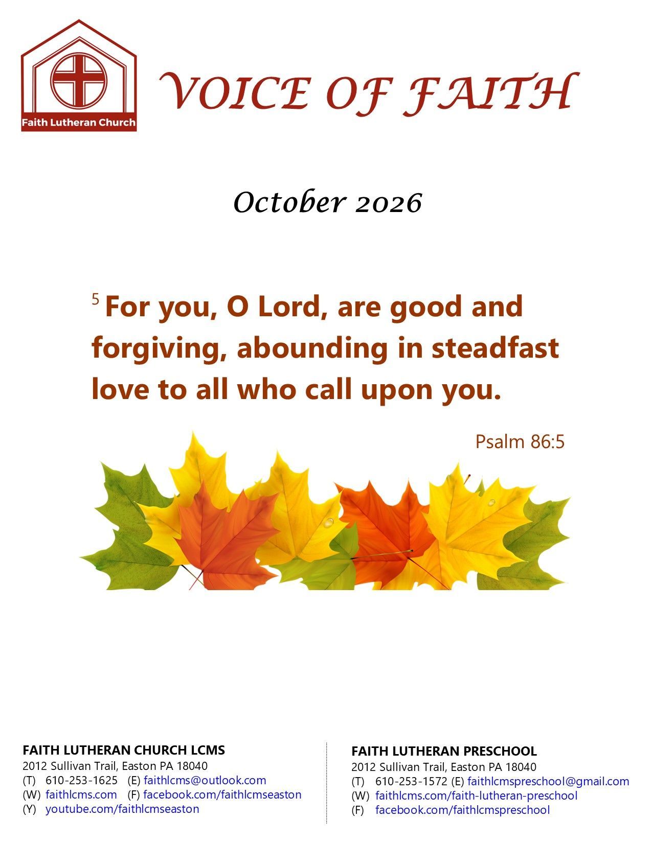 Voice of Faith newsletter from Faith Lutheran Church Cover Page