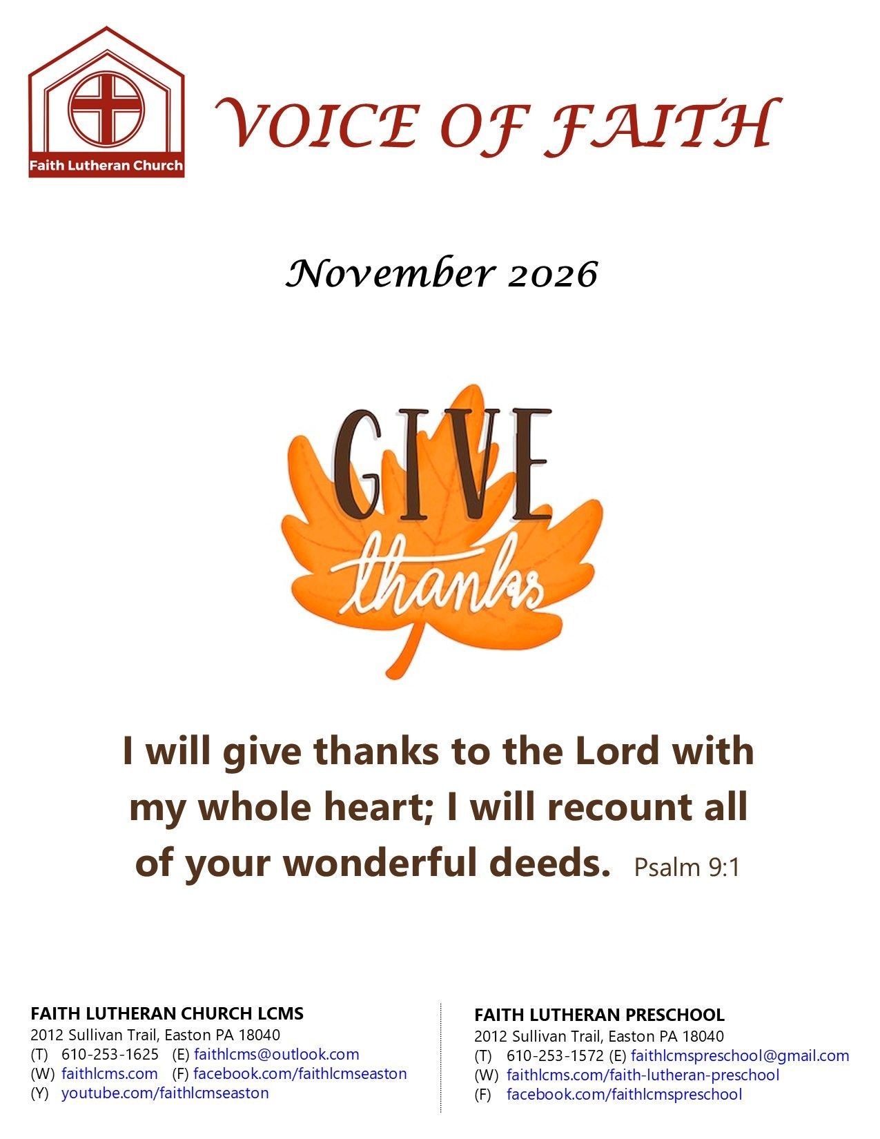 Voice of Faith newsletter from Faith Lutheran Church Cover Page