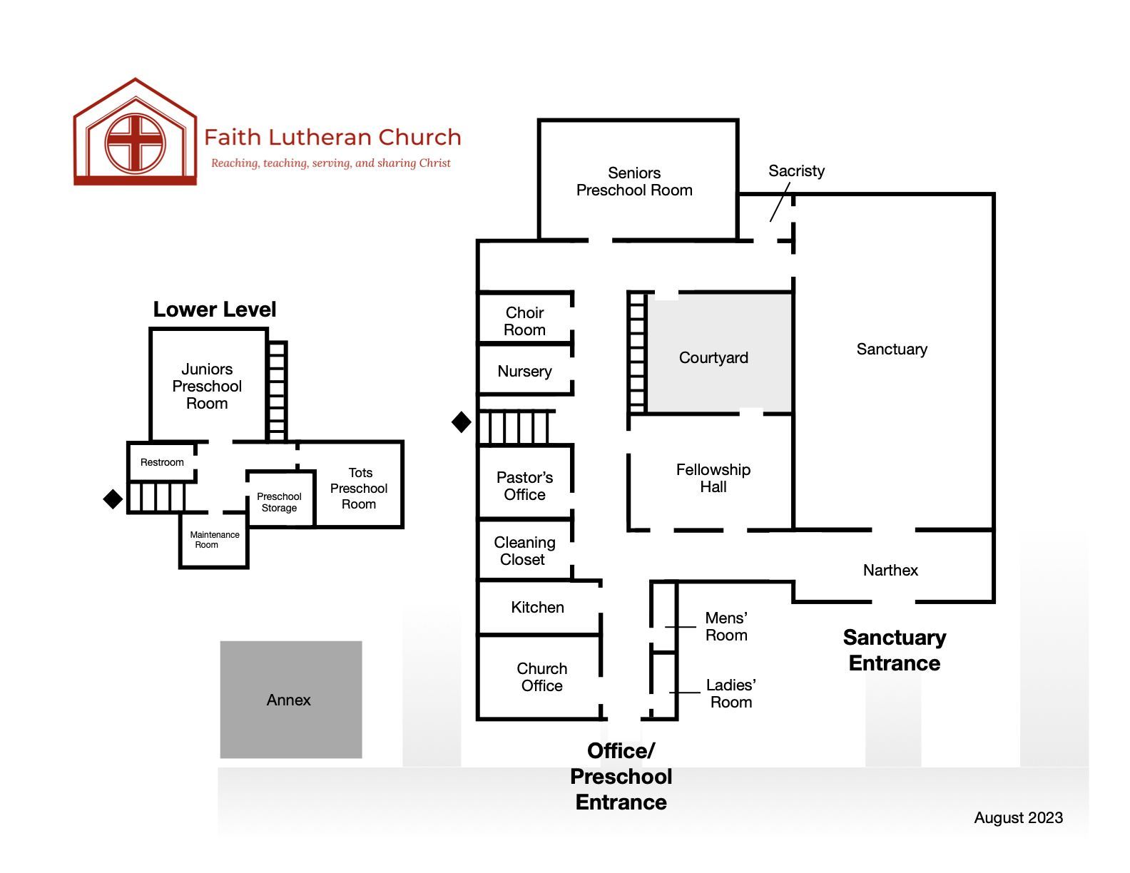 Floor plan of Faith Lutheran Church showing the lower level and main level, including entrance and room labels.