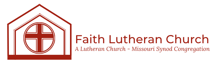Faith Lutheran Church logo with a cross icon in a house outline and the text: