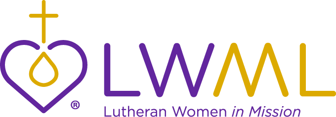 Logo for Lutheran Women in Mission (LWML) featuring a purple heart with a gold cross and water drop, and gold letters LWML.