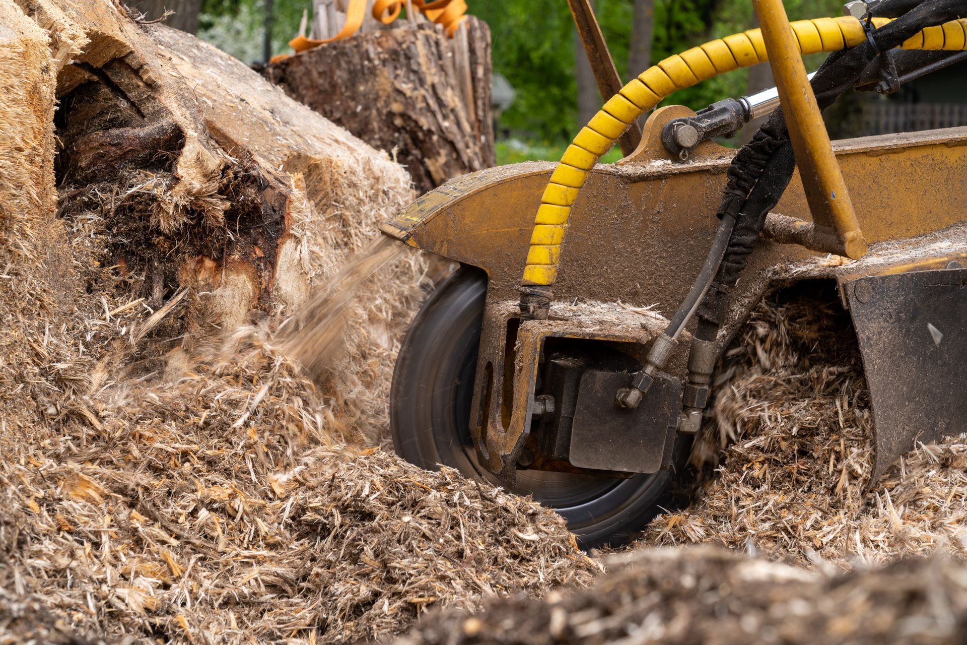 A machine is cutting a tree stump into wood chips.