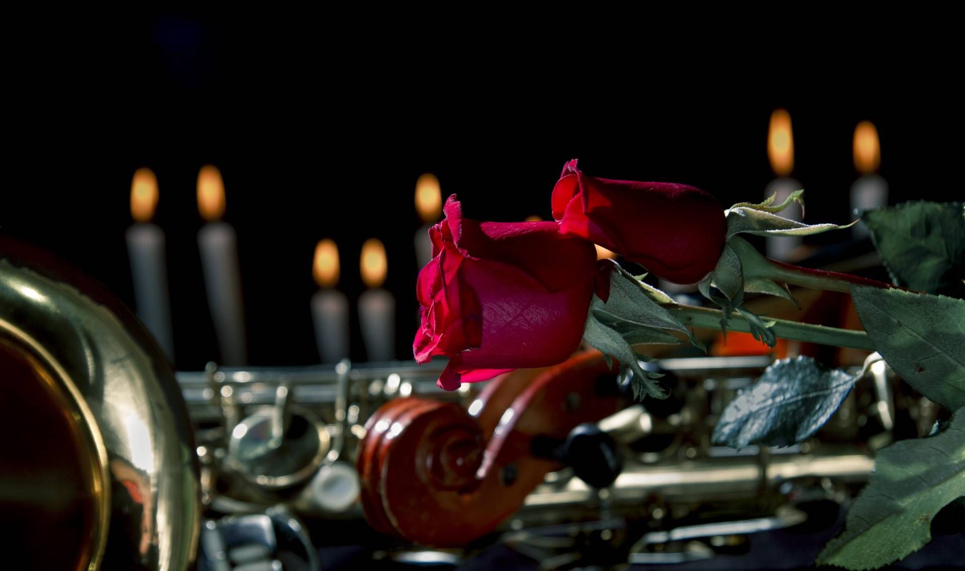 A violin , saxophone , roses and candles are on a table.